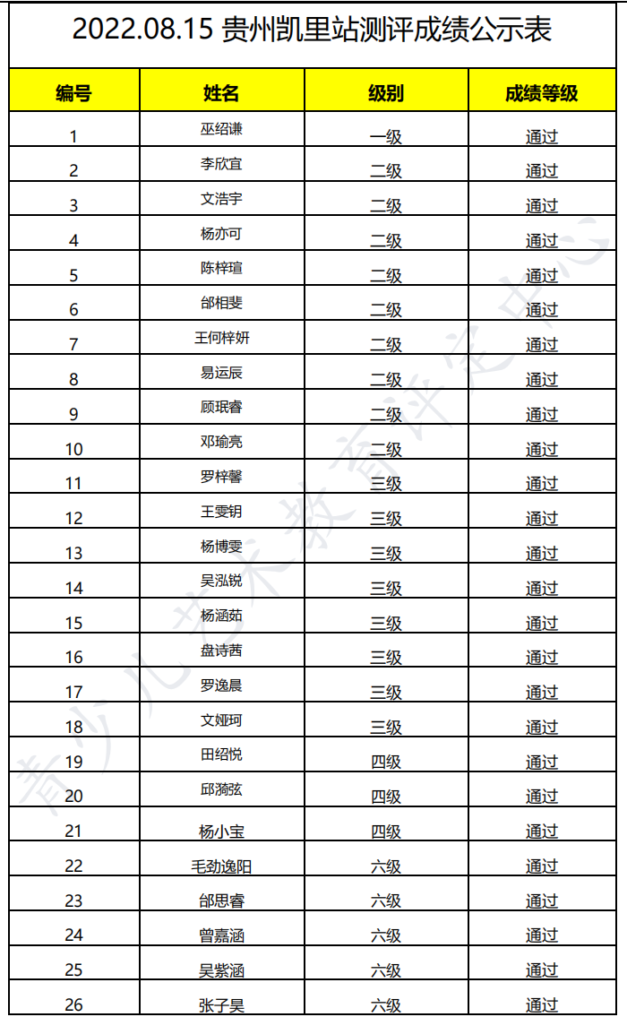 20220815凯里 新声线语言艺术贵州凯里测评成绩等级表